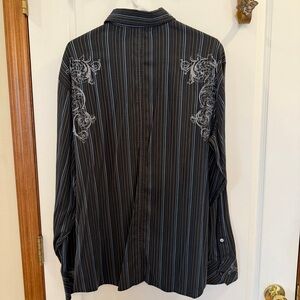 Two A.M. Mens Large Black Striped Shirt with Embroidery